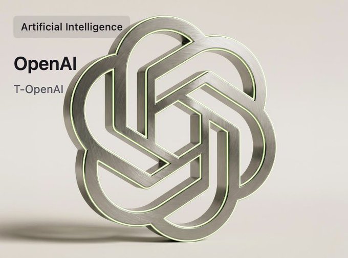 A metallic, three-dimensional OpenAI logo rendered against a light background, labeled with 'Artificial Intelligence,' 'OpenAI,' and 'T-OpenAI.'