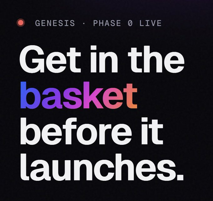 A promotional graphic with the text "GENESIS • PHASE 0 LIVE" at the top, followed by large text reading "Get in the basket before it launches," with "basket" highlighted in a rainbow gradient.
