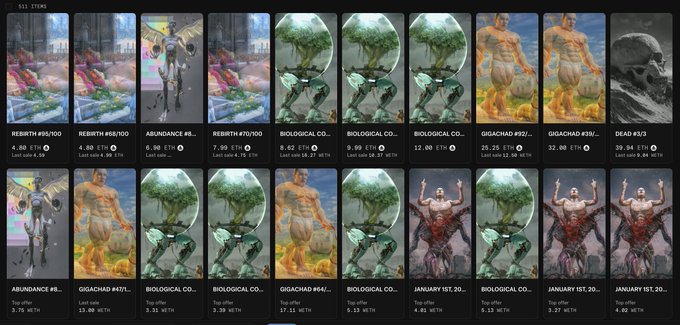 The image displays a grid of NFT listings from a marketplace, showing various digital art pieces including works titled "REBIRTH," "ABUNDANCE," "BIOLOGICAL CO..." (Biological Consciousness), "GISACHAD," "DEAD," and "JANUARY 1ST," with prices listed in ETH and fiat values (like "6.00 ETH" and "$15,996"), along with seller names and last sale information, providing a snapshot of current floor prices for these top collections. The screenshot illustrates the author's point about the NFT market, showing that despite Beeple and other collections being watched as indicators, the floor prices appear relatively thin, with many listings priced modestly (like the 3-7 ETH range visible) and limited bidding activity on lower-priced pieces.