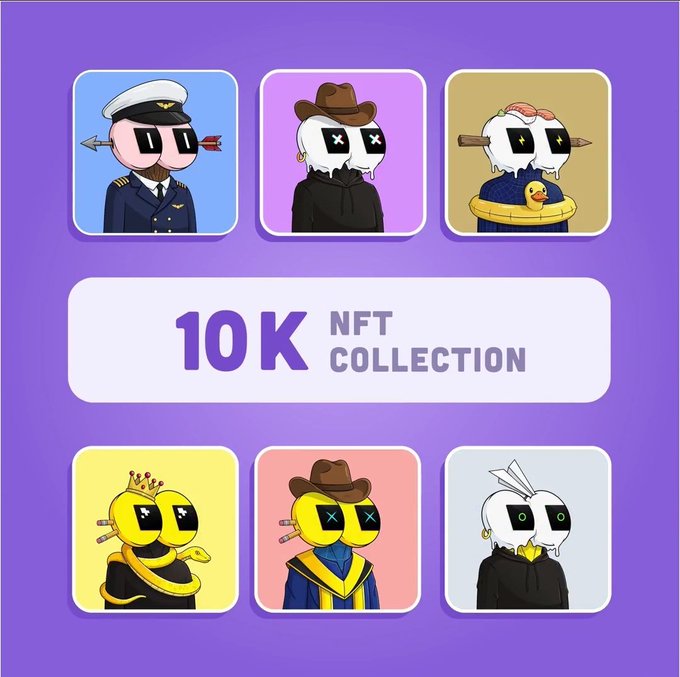 Promotional graphic for a '10K NFT COLLECTION' featuring six cartoon character avatars with cross-eyed expressions on a purple background.