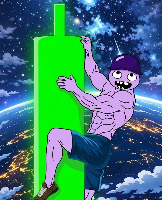 A cartoon-style digital illustration of a muscular purple character wearing a purple cap and blue shorts, climbing a tall green structure against a cosmic background with stars, clouds, and a view of Earth below.