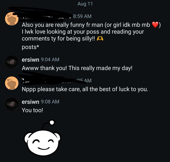 A Discord chat exchange where a user compliments 'ersiwn' on their posts, to which ersiwn replies 'Awww thank you! This really made my day!' followed by 'You too!'.
