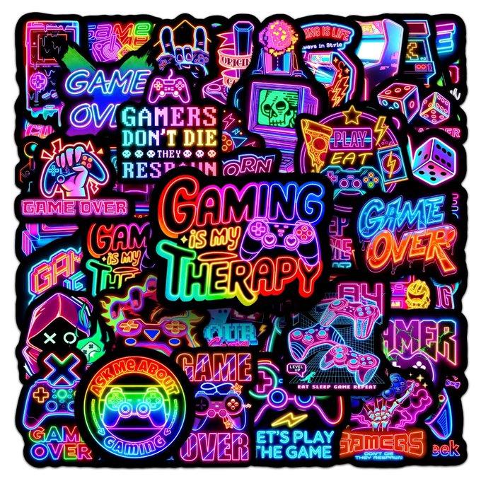 The image shows a collage of neon-colored gaming-themed stickers featuring various designs like controllers, dice, pizza slices, and slogans such as "GAMING IS MY THERAPY," "GAME OVER," and "GAMERS DON'T DIE THEY RESPAWN," but it has no actual connection to the post about @trylimitless's trading insights feature, as it depicts gaming culture rather than any financial or trading content.