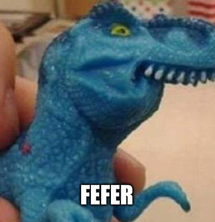 A close-up photo of a small blue toy dinosaur being held in a hand, with the caption 'FEFER' at the bottom.