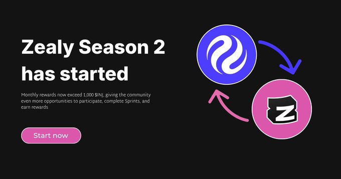 A promotional graphic on a dark background announcing 'Zealy Season 2 has started', featuring a blue circular logo and a pink 'Z' logo connected by arrows, with a 'Start now' button.
