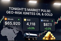 The image shows a "Tonight's Market Pulse: Geo-Risk Oil & Gold" graphic with world map and oil/gold icons, displaying Bitcoin at $65,920 (+0.6%), Gold at $4,118 (+3.3%), and WTI Oil at $87.1 (+3.3%). This visually represents the post's main highlight that oil and gold are surging strongly due to geopolitical conflict risks, while crypto markets like Bitcoin are moving sideways awaiting macro signals.