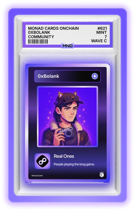 Graded 'Monad Cards Onchain' slab displaying the 'OxBolank' community card, #621, Mint 7, Wave C, also branded as 'Real Ones'.