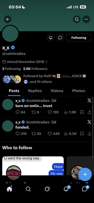 A screenshot of a Twitter/X profile page for the account @cointrades, showing two posts: 'turn on notis... trust' and 'funded.', with 2.6K followers.