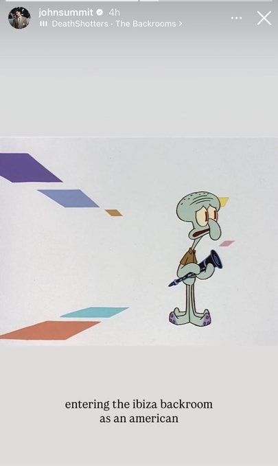 The image features a cartoon character, likely Spongebob Squarepants, standing against a white background with blue squares surrounding him. The caption of the image reads "@JohnSUMmit enter the ibiza backuproom as an american". This suggests that JohnSUMMIT has just arrived in Ibiza and is sharing his experience on social media by tagging @JohnSUMMIT in the caption, indicating that he found something interesting or amusing about the Ibiza scene.