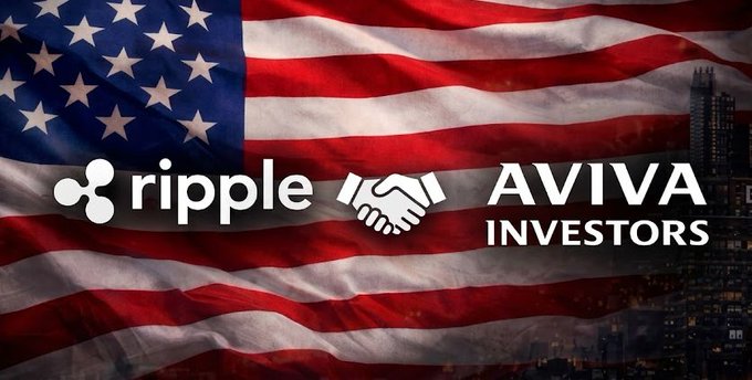 A graphic featuring a waving United States flag background with the Ripple logo on the left, a handshake icon in the middle, and the 'AVIVA INVESTORS' logo on the right, indicating a partnership.