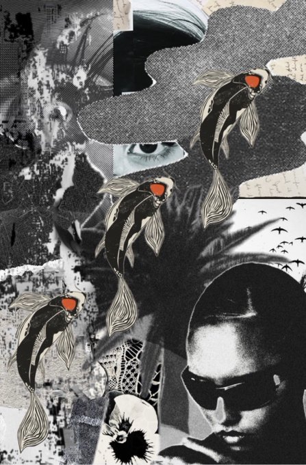 A black-and-white collage features a person wearing sunglasses, an eye, and three koi fish with red accents.