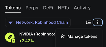 A screenshot of a Robinhood wallet interface showing a token list on the Robinhood Chain network, highlighting NVIDIA (Robinhood) at +2.42%.