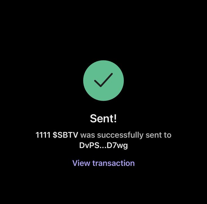 The image shows a transaction confirmation screen displaying a green checkmark with the message "Sent!" stating that 1111 $SBTV was successfully sent to DvPS...D7wg, with a "View transaction" link below. This confirms the successful transfer of 1111 SBTV tokens mentioned in the accompanying onboarding post welcoming a new community member.