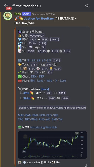A Discord post in the "the-trenches" channel from user "Rick" displays a detailed cryptocurrency tracking card for the token "Justice for HeeHaw" ([491K/1.1K]) on the Pump.fun platform, showing market data including $33.8K liquidity, $330K 1H volume, and an 86.9% price increase, along with a price chart at the bottom. The screenshot illustrates the user's workflow of sharing automated "Rick Hub" token scans in chat for community awareness while they actively manage their position, as referenced in their comment about pinging the first scan, doing partial research, and derisking while keeping a moonbag.