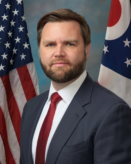 Senator JD Vance is pictured in front of the U.S. and Ohio flags. The accompanying post discusses his views on Bitcoin and $XRP as potential solutions to the $40T U.S. debt.