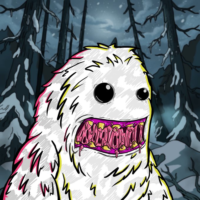 A cartoonish white yeti monster with a wide, toothy grin filled with sharp yellow teeth drools menacingly in a dark, snowy forest. The image fits the post's "Yeti hungry. Yeti bite" theme for the MONSTRS NFT auction on Downbad.