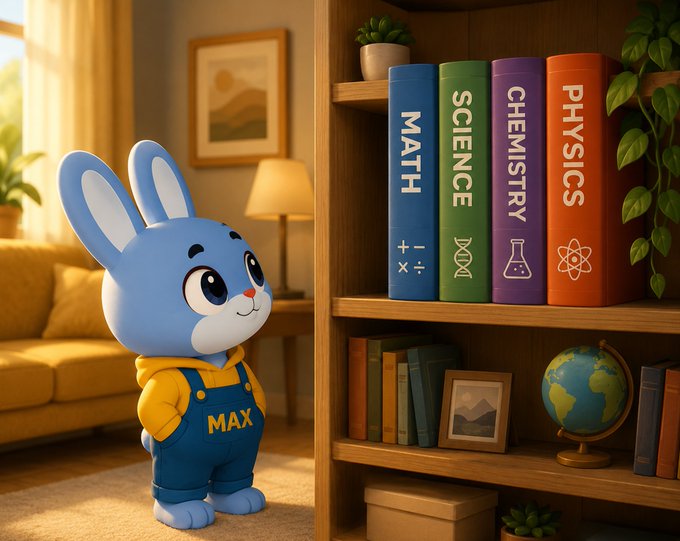 A 3D rendered blue cartoon bunny wearing yellow and blue overalls labeled 'MAX' stands next to a bookshelf containing books labeled MATH, SCIENCE, CHEMISTRY, and PHYSICS.