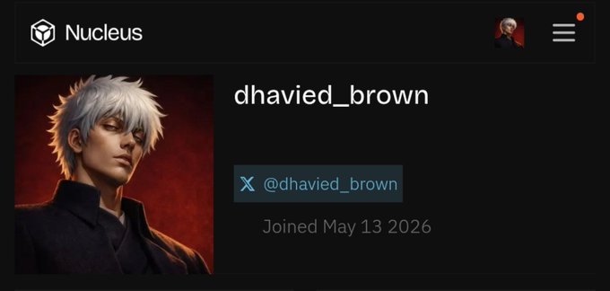 A user profile on the Nucleus platform for username 'dhavied_brown' with an anime-style avatar, showing they joined May 13, 2026.
