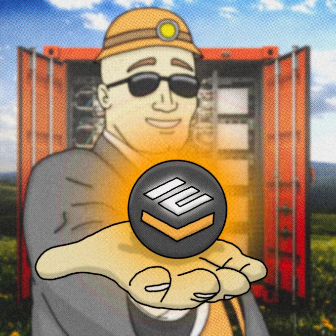 A cartoon character wearing sunglasses and a gold hard hat stands in front of an open shipping container, holding out a hand with a logo above it.