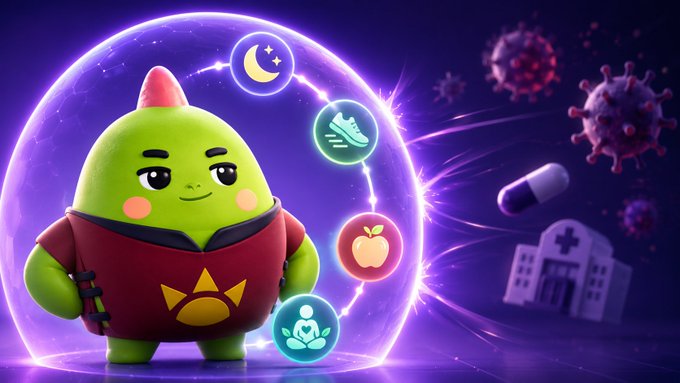 A green goblin-like character in a red outfit stands inside a glowing purple energy shield, surrounded by floating icons of a moon, shoe, apple, and meditation symbol, with virus particles and a hospital in the background.