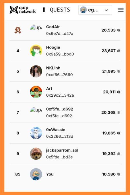 A leaderboard from 'qurp network' titled 'QUESTS', ranking users by points with addresses like '0x6e7d...d47a', topped by 'GodAir' with 26,533 points, and the user 'You' ranked 85th with 10,586 points.