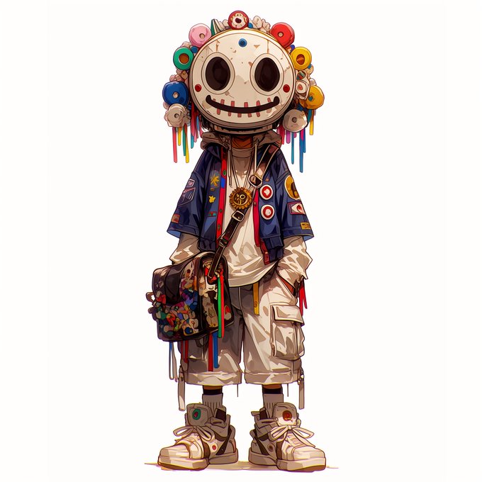 An illustration of a stylized character wearing a decorative skull mask with colorful tassels, a patchwork jacket, and large sneakers, carrying a patterned bag.