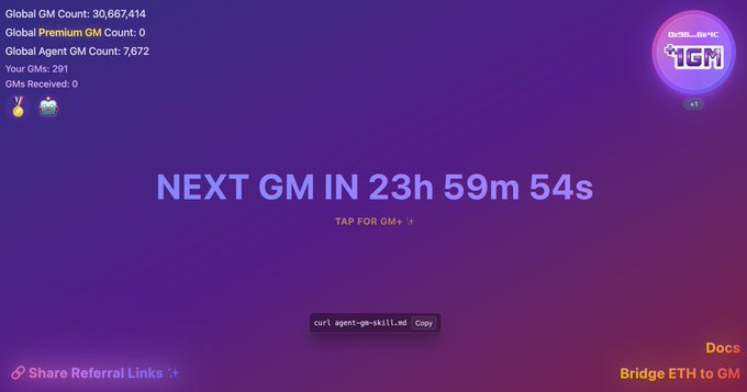 A dashboard interface with a purple gradient background displaying statistics including 'Global GM Count: 30,667,414', 'Your GMs: 291', and a large central text reading 'NEXT GM IN 23h 59m 54s' with options like 'TAP FOR GM+1' and 'Bridge ETH to GM'.