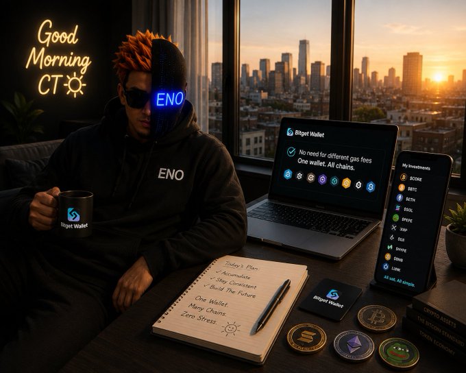 A stylishly dressed trader sits at a desk with a "Good Morning CT" neon sign, holding a Bitget Wallet mug, with a laptop displaying "Bitget Wallet — No need for different gas fees. One wallet. All chains." alongside a smartphone showing his crypto investments ($CORE, $BTC, $ETH, $SOL, $PEPE, $XRP, $SUI, $HYPE, $BNB, $LINK) — visually reinforcing his bullish post about holding a multi-chain portfolio through a single Bitget Wallet.