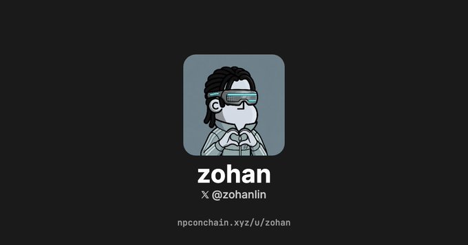 The image features a cartoon character wearing glasses, with the text "Zohan" written above him. The character appears to be holding up his hands as if he's giving a speech or making a gesture. The background of the image is black, which contrasts with the white text and makes it stand out. The post includes information about the creator of the cartoon character, who has an account on a social media platform called "NPconchain".