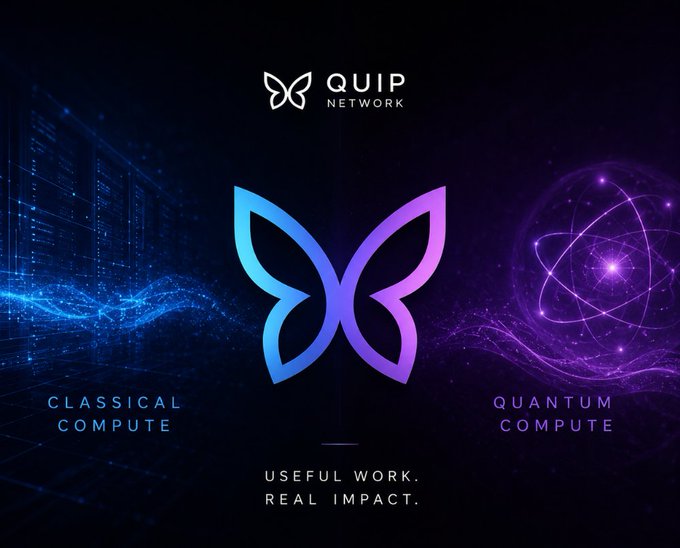The image features two butterfly designs with different colors - purple and blue. The butterflies are positioned above text boxes containing information about Quip Network, Quantum Computing, and Classical Compute. The text boxes provide details about these topics, such as their relevance in today's computing landscape or how they can be used to solve real-world problems.

The butterfly design on the left is purple with a white outline, while the one on the right is blue with a white outline. Both butterflies are positioned above the respective text boxes, creating an eye-catching visual representation of the content within them.