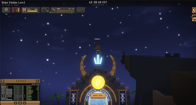 Another screenshot from 'Doga Booga Land' showing a nighttime scene with a glowing portal/altar, a level indicator '6', and a 'BLOCK-RAY_400' UI element, with chat/players panel on the left.
