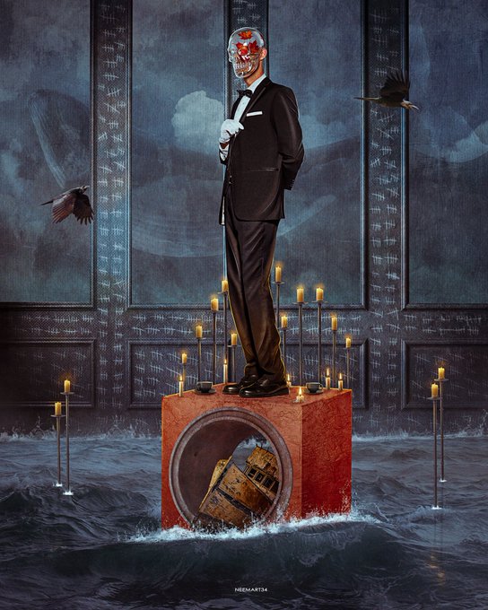 A dark surreal digital artwork signed 'NEONARTEM' depicting a skeletal figure with red glowing eyes wearing a suit, standing atop a red pedestal above churning water, surrounded by lit candles and flying crows.