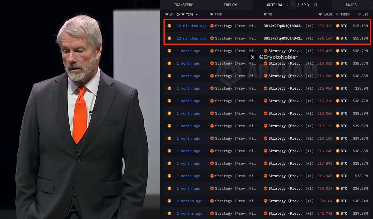 The image features a man standing against a screen displaying various data points about Michael's trading strategy involving bitcoin currency. The man, who is dressed in a suit, appears to be presenting or discussing this strategy with an audience at an event. The backdrop includes text that reads "BREAKINGMICHAEL SAYLOR'S STRATEGY JUST STARTED LIQUIDATING BITCOIN! THEY JUST SOLD $2,500,000.00 OF 
THIS IS NOT LOOKING GOOD FOR CRYPTO...". This indicates a significant milestone in Michael's strategy and success in liquidating a substantial amount of bitcoin currency within the past four years. The image captures both the man's presentation at an event and the outcome of his trading venture.