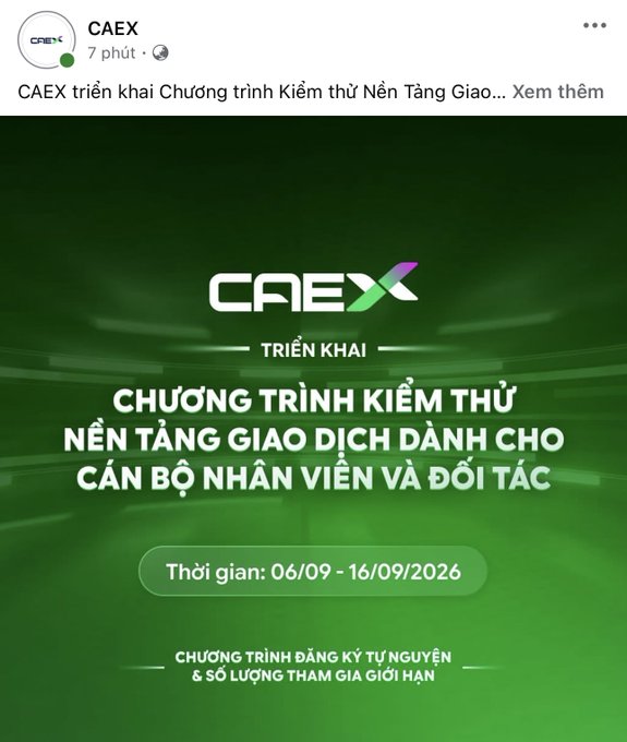 A promotional Facebook post by 'CAEX' announces a testing program for their exchange platform in Vietnamese, with dates '06/09 - 16/09/2026' and text stating it is for staff and partners.
