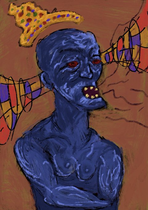 A digital oil painting titled "Your Majesty" featuring a blue-skinned figure with red eyes, gold teeth, and a floating yellow crown. The abstract piece depicts the figure against a brown background with colorful, conical shapes emerging from its head.