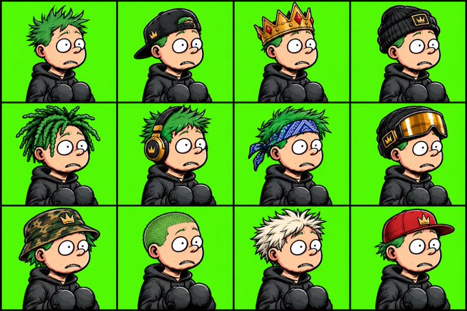 A 3x4 grid of cartoon character sprites showing a green-haired figure in various headwear styles including a crown, beanie, bandana, headphones, and caps, all set against a bright green background.