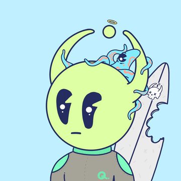 A cartoon illustration of a green alien-like character with large black eyes and crescent-shaped antennae, with a small cat sleeping on top of its head and a 'Q.' logo on its shirt.