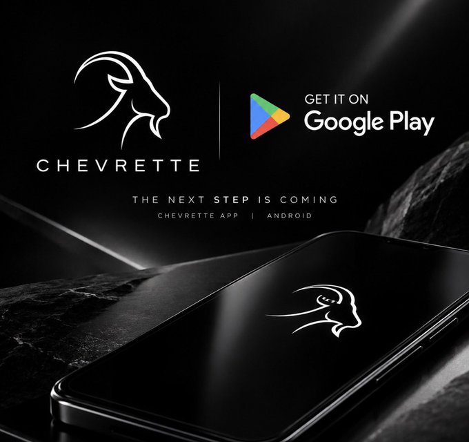 A sleek promotional teaser for Chevrette features its goat logo alongside a "Get it on Google Play" badge and the tagline "THE NEXT STEP IS COMING," with a smartphone displaying the Chevrette logo resting on dark rocky terrain—reinforcing the post's message that the Android app launch is imminent.