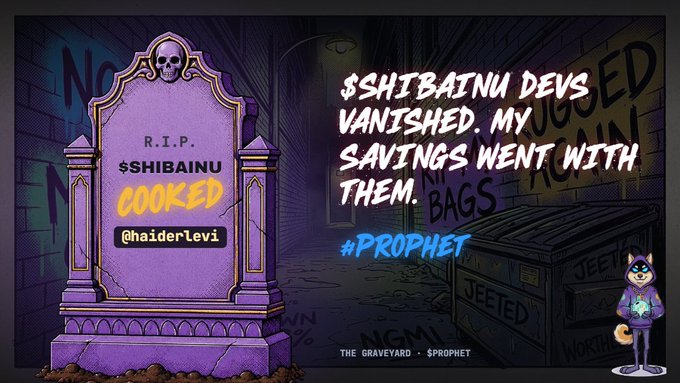 A cartoon-style graphic featuring a purple tombstone with "$SHIBAINU COOKED" and text reading "$SHIBAINU DEVS VANISHED. MY SAVINGS WENT WITH THEM. #PROPHET" alongside a cartoon dog character.