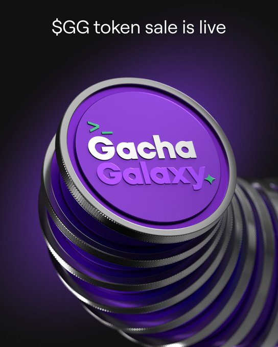 A stack of purple 3D-rendered coins labeled "Gacha Galaxy" sits against a dark background, with the text "$GG token sale is live" displayed at the top—visually reinforcing the promotional announcement for the GachaGalaxyHQ token sale, including the fixed entry price for EMCD Coinhold Wallet users.