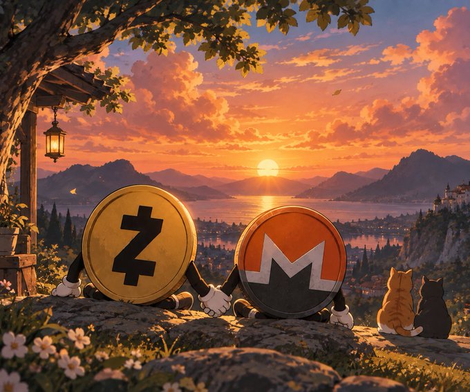 An anime-style illustration showing anthropomorphic Zcash (Z) and Monero (M) coins with arms and legs sitting on a stone ledge at sunset, looking out over a coastal city landscape while two cats sit nearby.