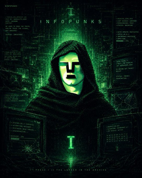 The image features a person wearing a hooded robe, standing in front of two computer monitors with the words "infopunks" written above them. The person appears to be holding a key or a remote control, possibly related to operating the computers. The background is dark and green, which adds an element of mystery to the scene.