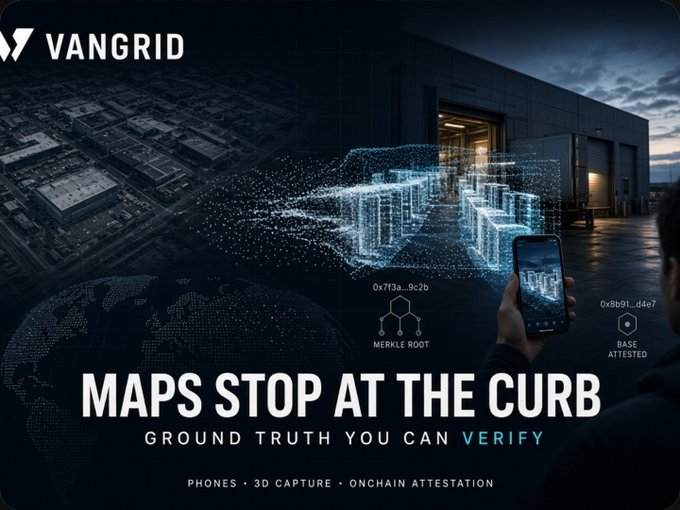 An advertisement for VanGrid displaying the tagline 'MAPS STOP AT THE CURB' and 'GROUND TRUTH YOU CAN VERIFY', featuring a hand holding a smartphone showing a holographic 3D building capture with onchain attestation details.