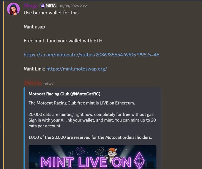 A Discord post by user "Shuga" in the META channel from 10/08/2026 announces a free mint opportunity for the Motocat Racing Club (@MotoCatRC), instructing users to "Use burner wallet for this" and mint up to 20 cats per account from a 20,000 supply, with 1,000 reserved for ordinal holders. The shared X post from @MotoCatRC confirms the mint is live on Ethereum with no gas fees, providing the link https://mint.motoswap.org/, exemplifying the free, low-effort wins the poster references for the Metafrens community.