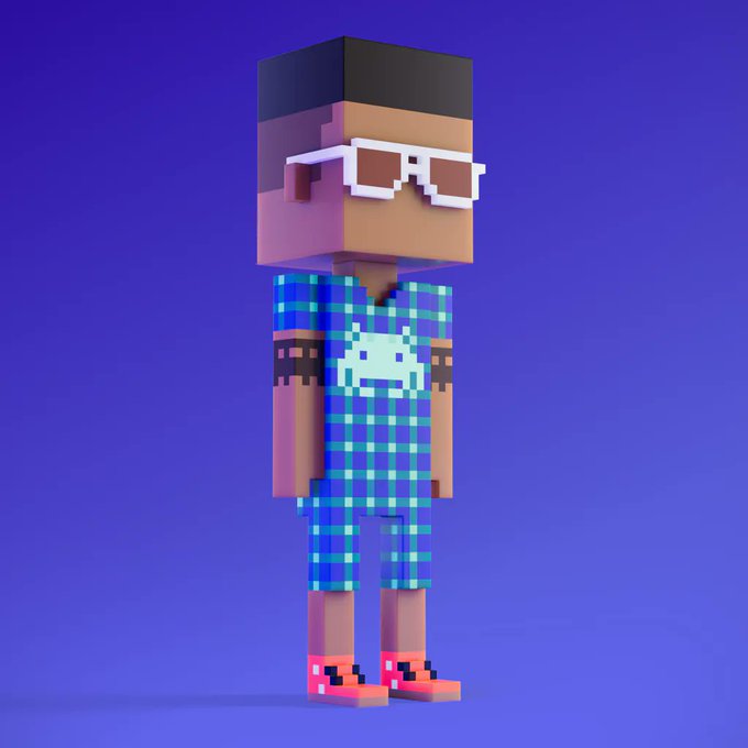 A 3D rendered Minecraft-style character wearing white sunglasses, a blue plaid outfit with a white pixel design, and pink shoes against a purple background.