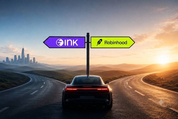 A sleek car sits at a fork in the road beneath a directional signpost pointing left to "Ink" (purple) and right to "Robinhood" (green), set against a dramatic sunset landscape with a distant city skyline. The image visually represents the choice between the two platforms, playfully suggesting the viewer can take either path—or both—as highlighted by the accompanying post about $INK.