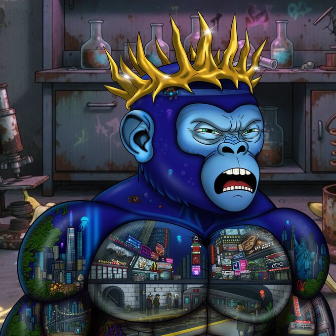 A digital illustration of an angry blue gorilla wearing a gold crown, with a detailed cityscape tattooed across its chest, set against a graffiti-covered laboratory background.