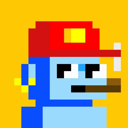 A pixel art illustration depicts a blue Smurf character wearing a red baseball cap and smoking a brown cigar against a yellow background.