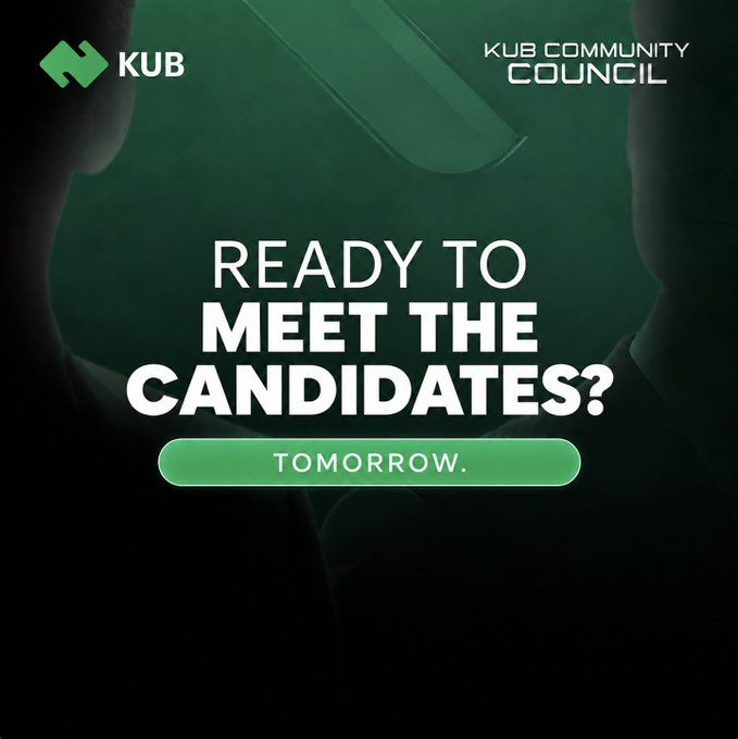 A dark green promotional graphic for the KUB Community Council displaying the text 'READY TO MEET THE CANDIDATES?' and a green button labeled 'TOMORROW.'
