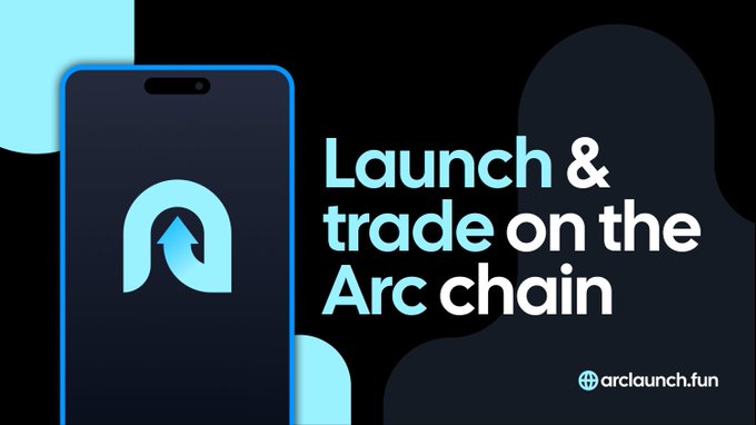 A promotional graphic featuring a smartphone displaying the "A" logo alongside text reading "Launch & trade on the Arc chain" with the URL "arclaunch.fun." The image aligns with the post by visually reinforcing the message about Arc chain's upcoming mainnet launch and early-access incentives for traders on its launchpad platform.